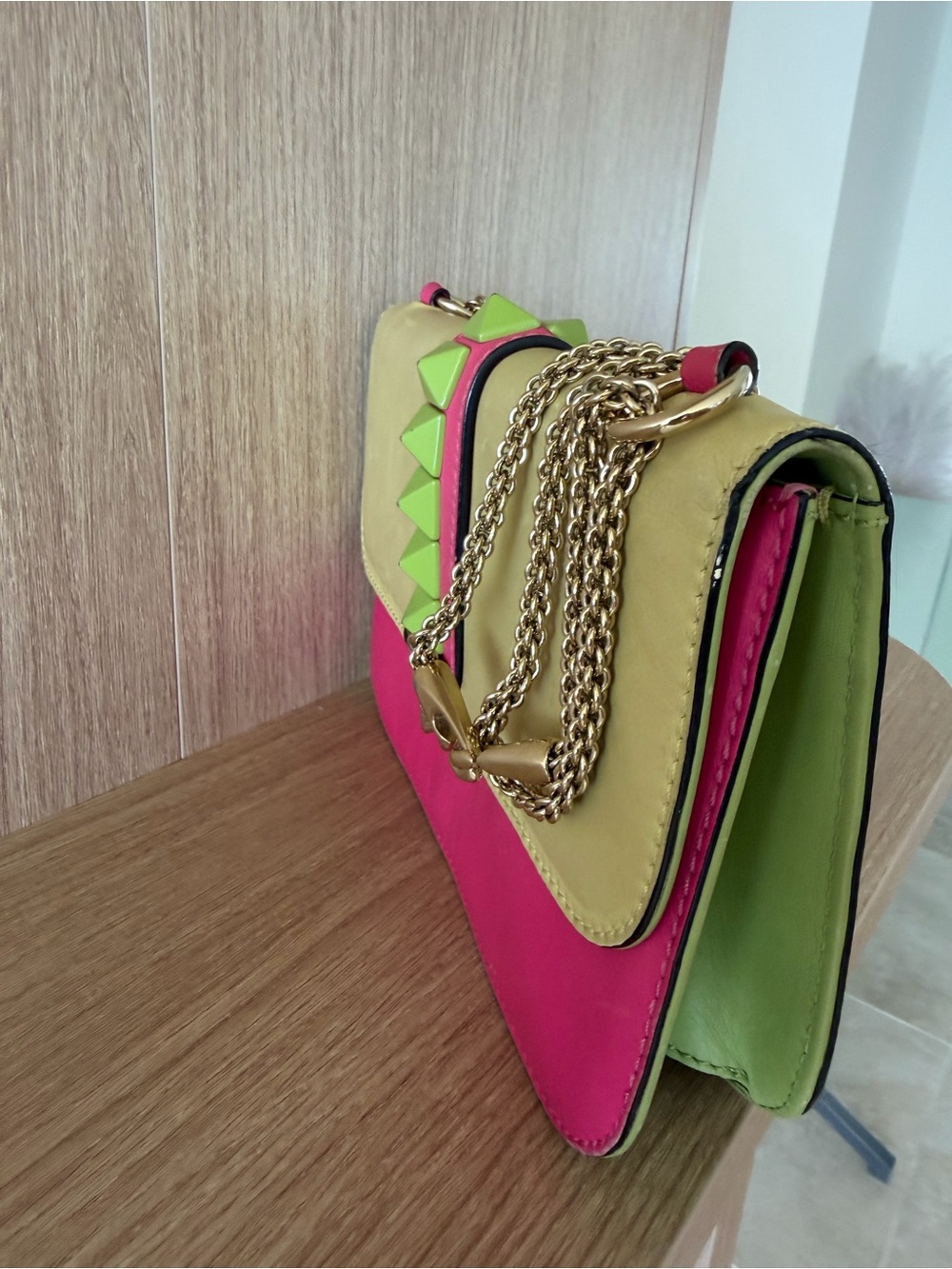 Valentino Garavani Two-Tone Pink and Yellow Leather Chain Crossbody - Picture 8 of 9